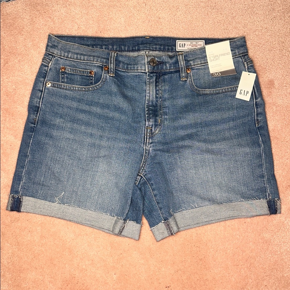 GAP 5” Girlfriend Short Mid Rise Low Stretch Medium Indigo Jean Shorts TALL NWT